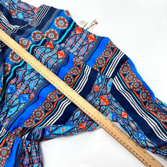 Mimi Chica Women XS Blue Romper Floral Button Up Front Waist Tie Roll Tab Sleeve - Picture 5 of 5